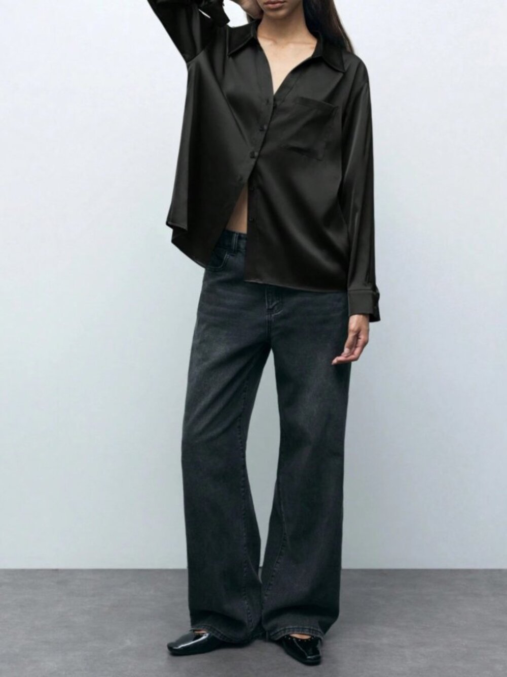 Black Satin Button-Up Shirt with Chest Pocket